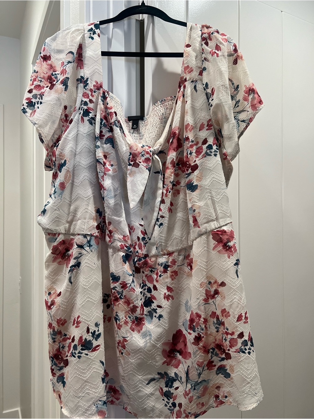 torrid Ivory Floral Tie-Front V-Neck Blouse with Pink and Teal Accents